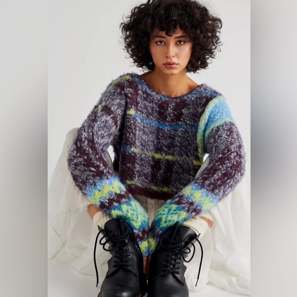Free People Women's Emerson Plaid Crop Pullover Sweater size L - Picture 10 of 17